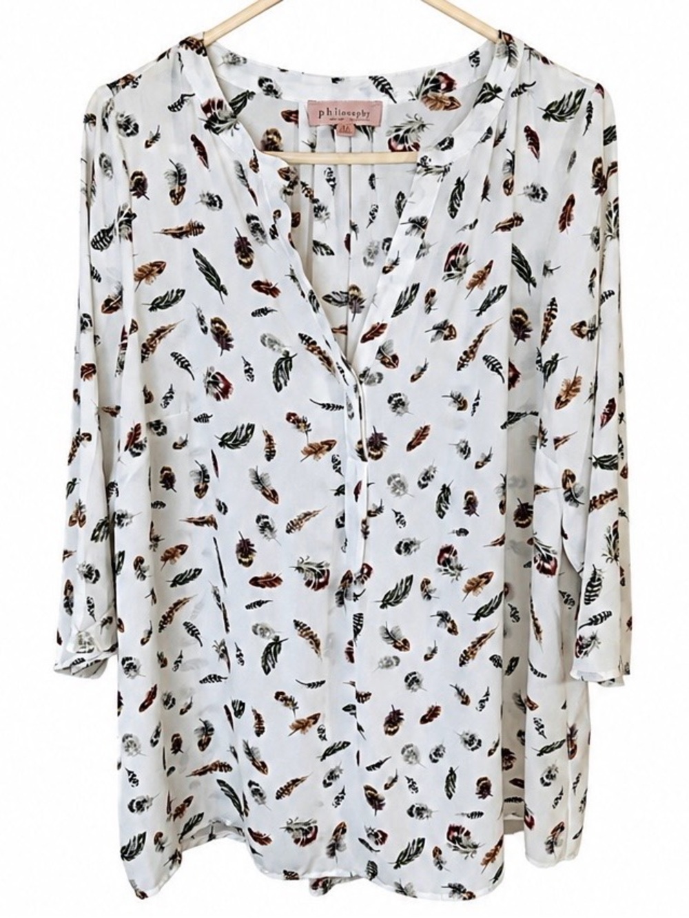 Philosophy Feather Print Blouse Women’s 1X White 3/4 Sleeve Boho Top